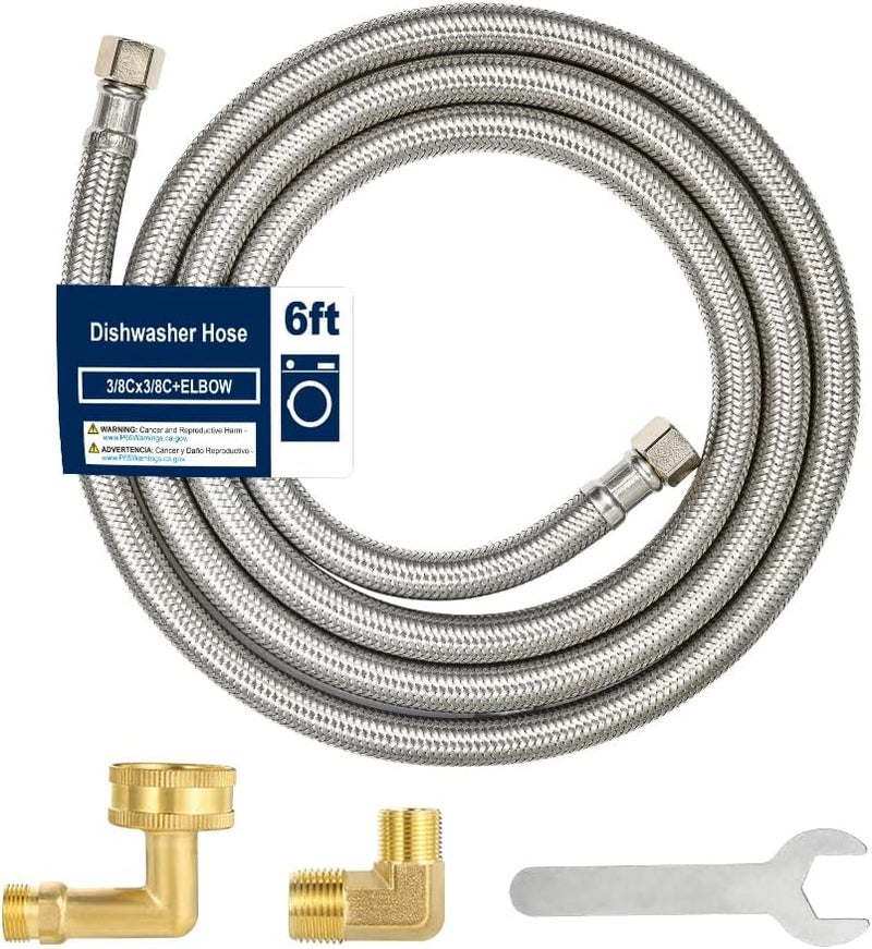 PLUMBINGMASTER 6FT Dishwasher Hose with Elbow – Stainless Steel Braided Supply Line, 3/8" Compression to 3/8" Elbow, Universal Fit, Burst Proof, NSF/Lead-Free Certified, 10-Year Warranty - Image 1